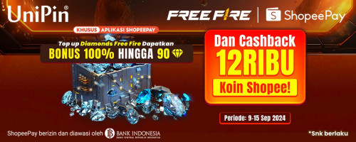 Top up Diamonds Free Fire Dapatkan bonus 100% Hingga 90 Diamonds & Cashback 12Ribu Koin Shopee!